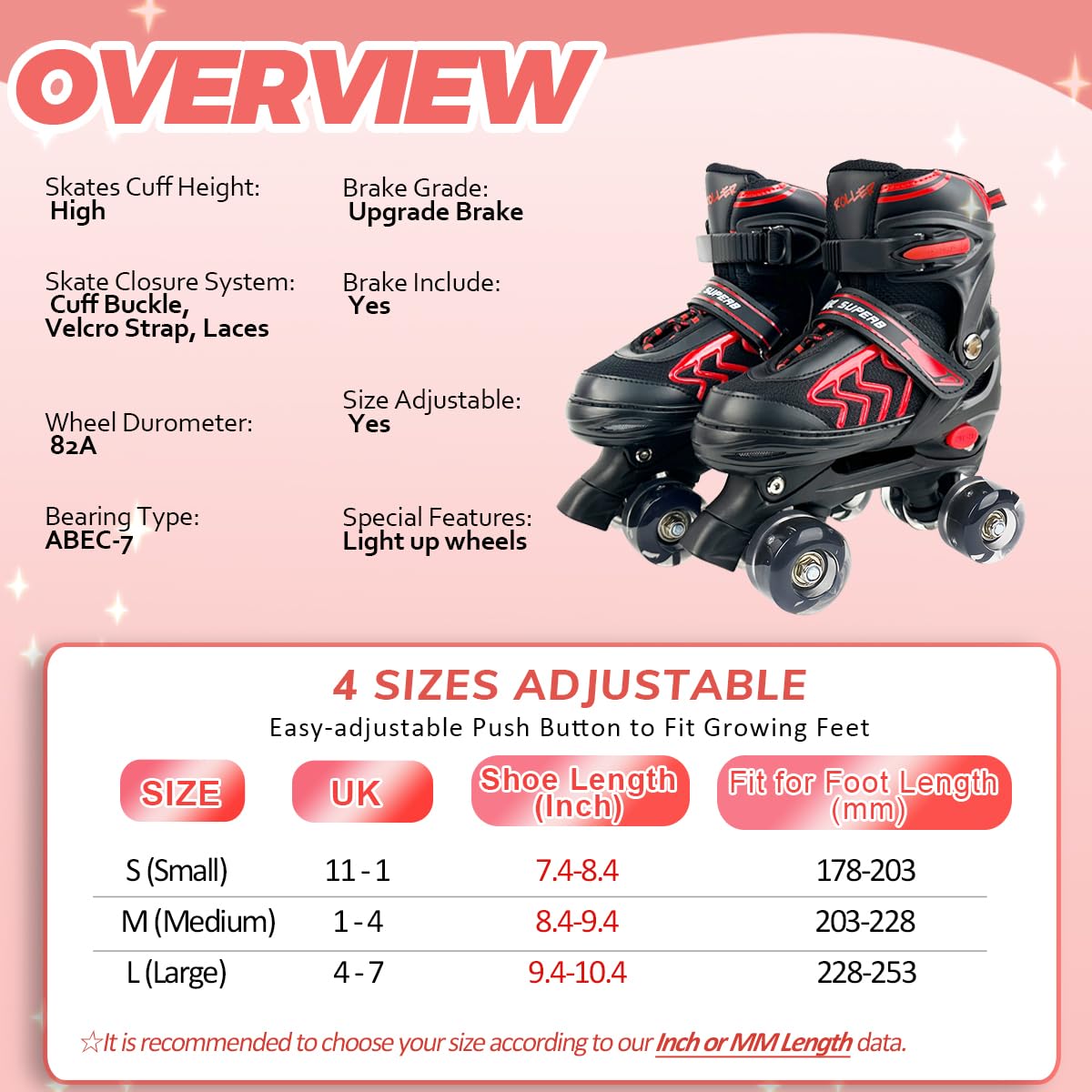 Jolof Store Kids Roller Skates | 4-Size Adjustable with 8 Light Up Wheels