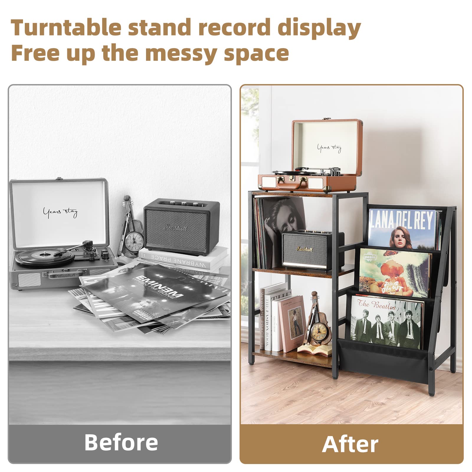 Bikoney 3-Tier Record Player Stand | Vinyl Storage Table for 200 Albums