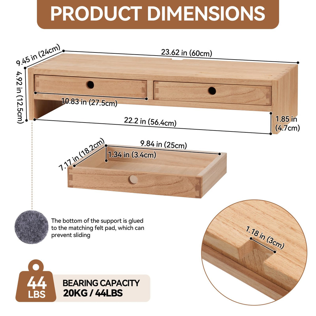 KIRIGEN Solid Wood Monitor Stand with 2 Drawers | Ergonomic Desk Riser
