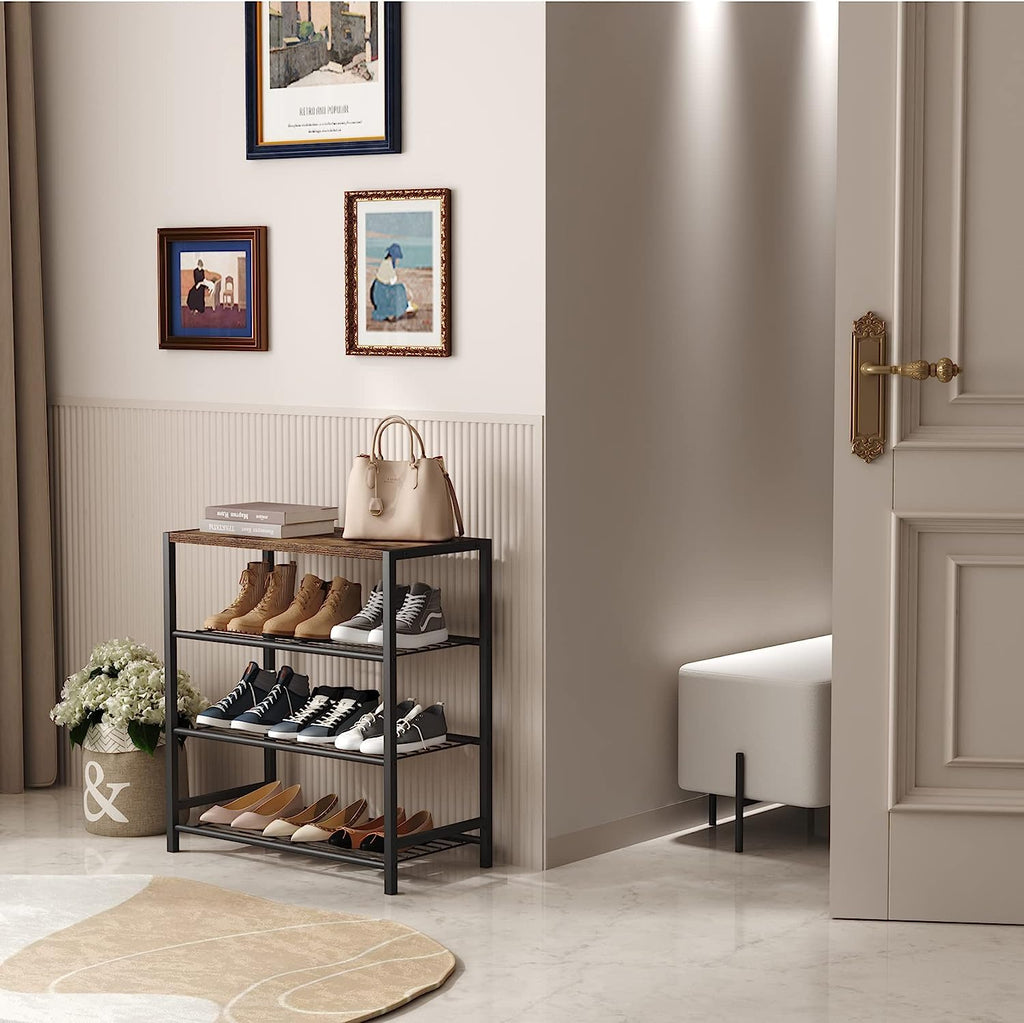 HOME BI 4-Tier Industrial Shoe Rack – Metal Storage Shelf with MDF Top