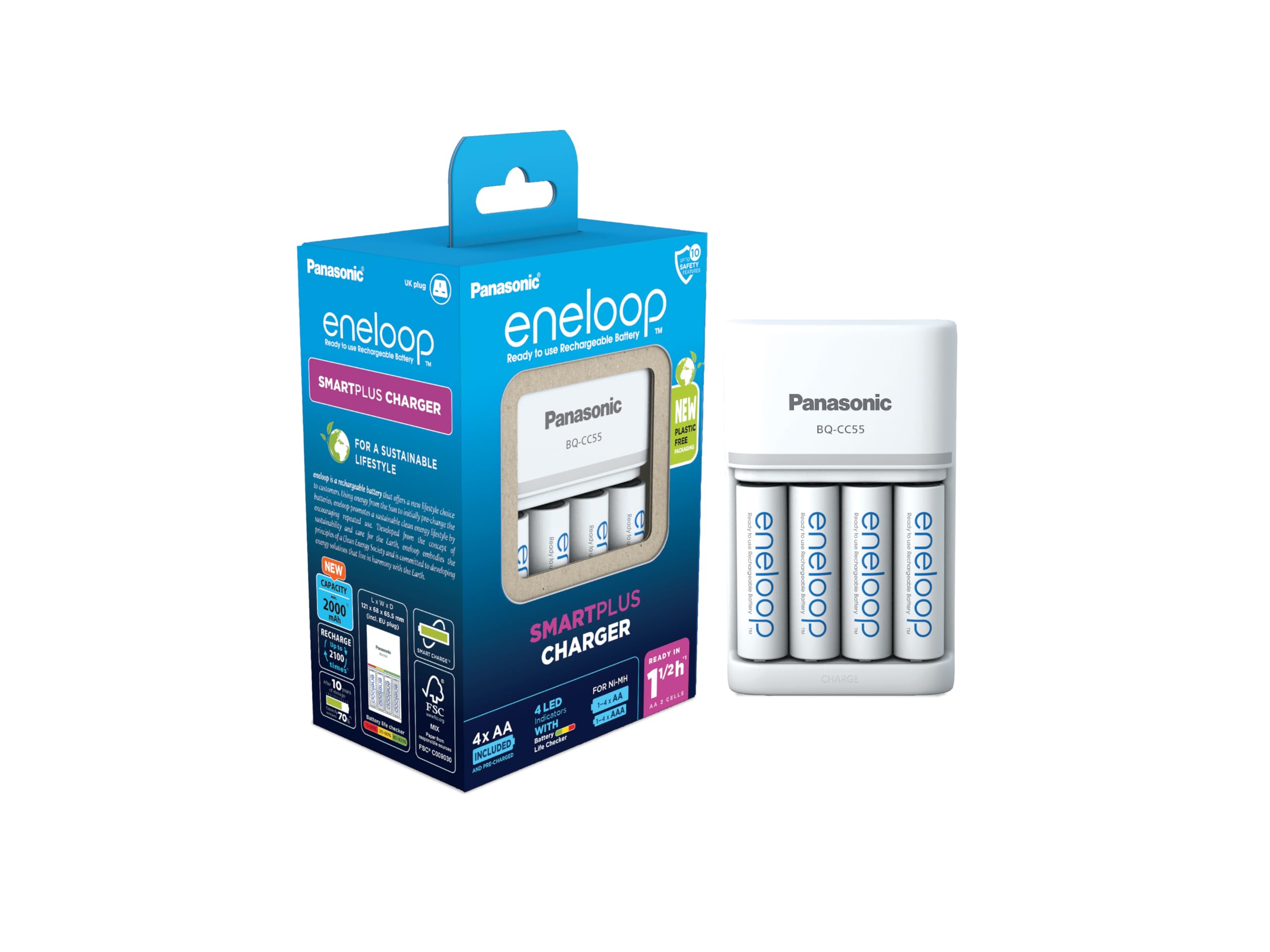 eneloop SmartPlus Battery Charger | 4 AA Rechargeable Batteries Included