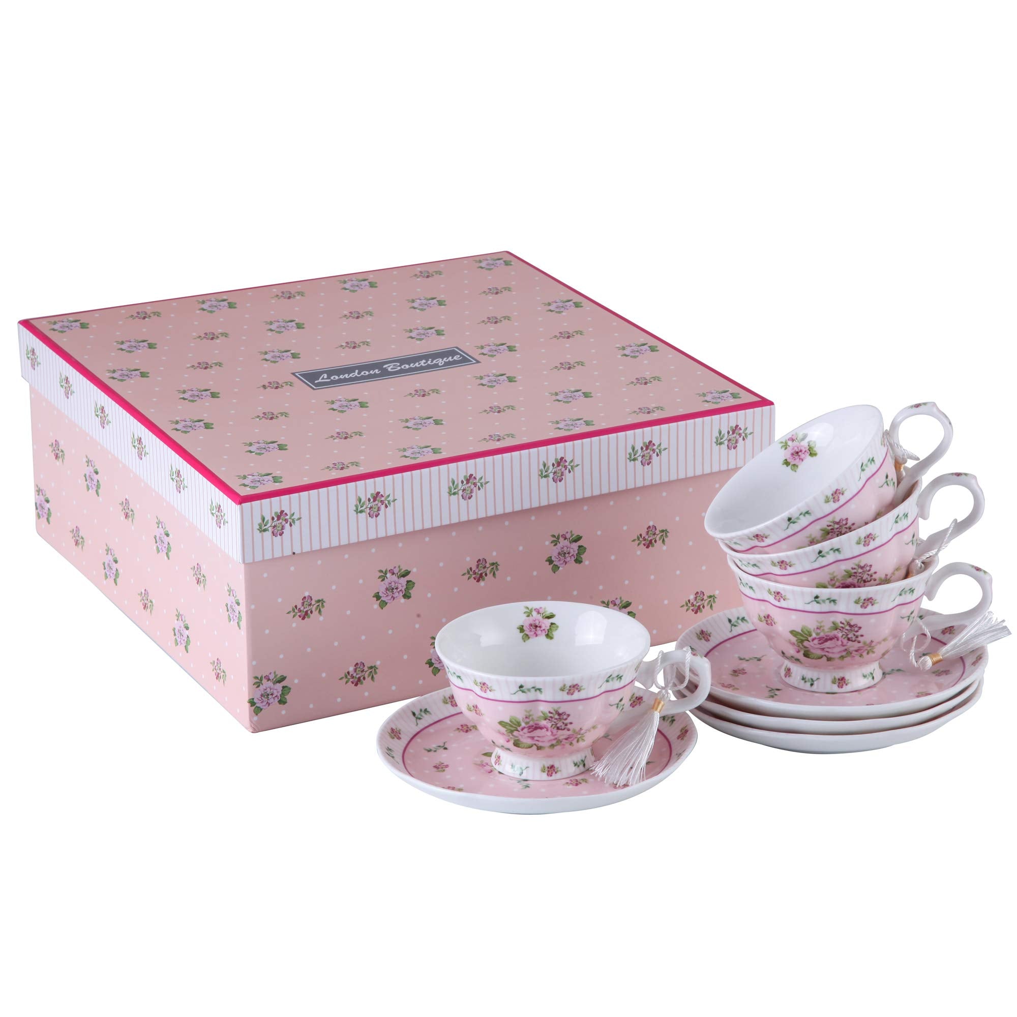 London Boutique Rose Pink Porcelain Tea Cup and Saucer Set - 4 Piece