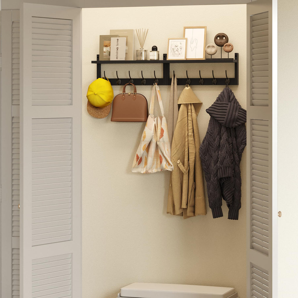 AMBIRD 87cm Extra Wooden Wall Coat Rack with Shelf - Elegant and Functional Wall-Mounted Storage Solution with 10 Hooks for Coats, Hats, Keys - image 4