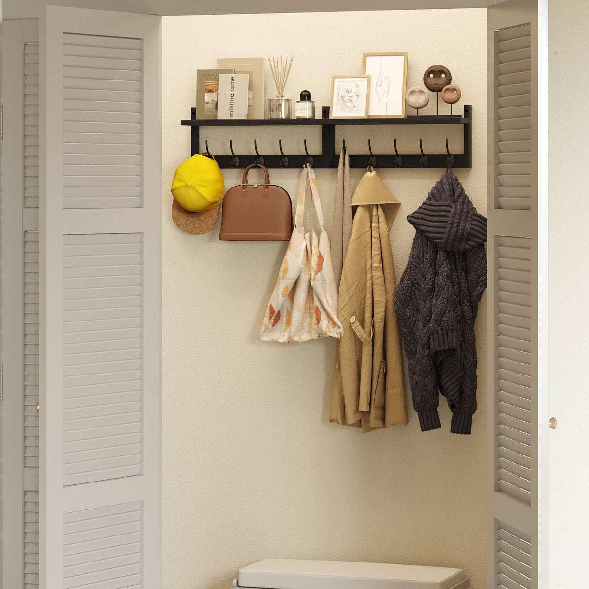 AMBIRD 87cm Extra Wooden Wall Coat Rack with Shelf - Elegant and Functional Wall-Mounted Storage Solution with 10 Hooks for Coats, Hats, Keys - image 4