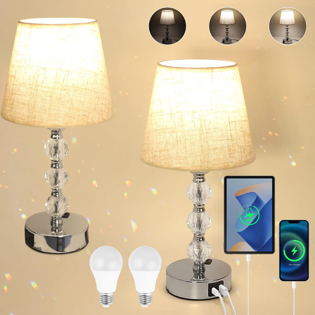 Euxper Crystal Bedside Table Lamps | 3-Way Dimmable Touch Control, Set of 2