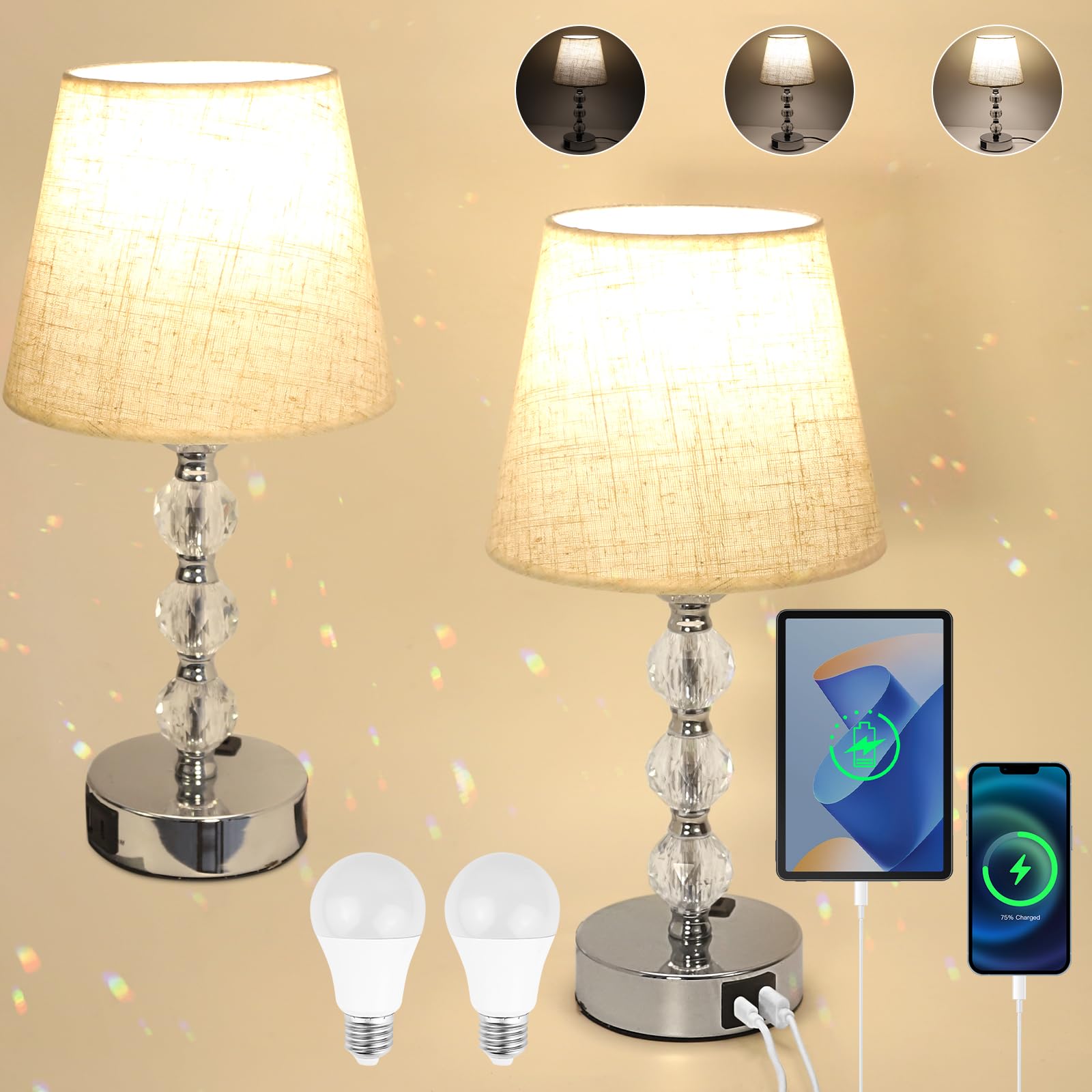 Euxper Crystal Bedside Table Lamps | 3-Way Dimmable Touch Control, Set of 2
