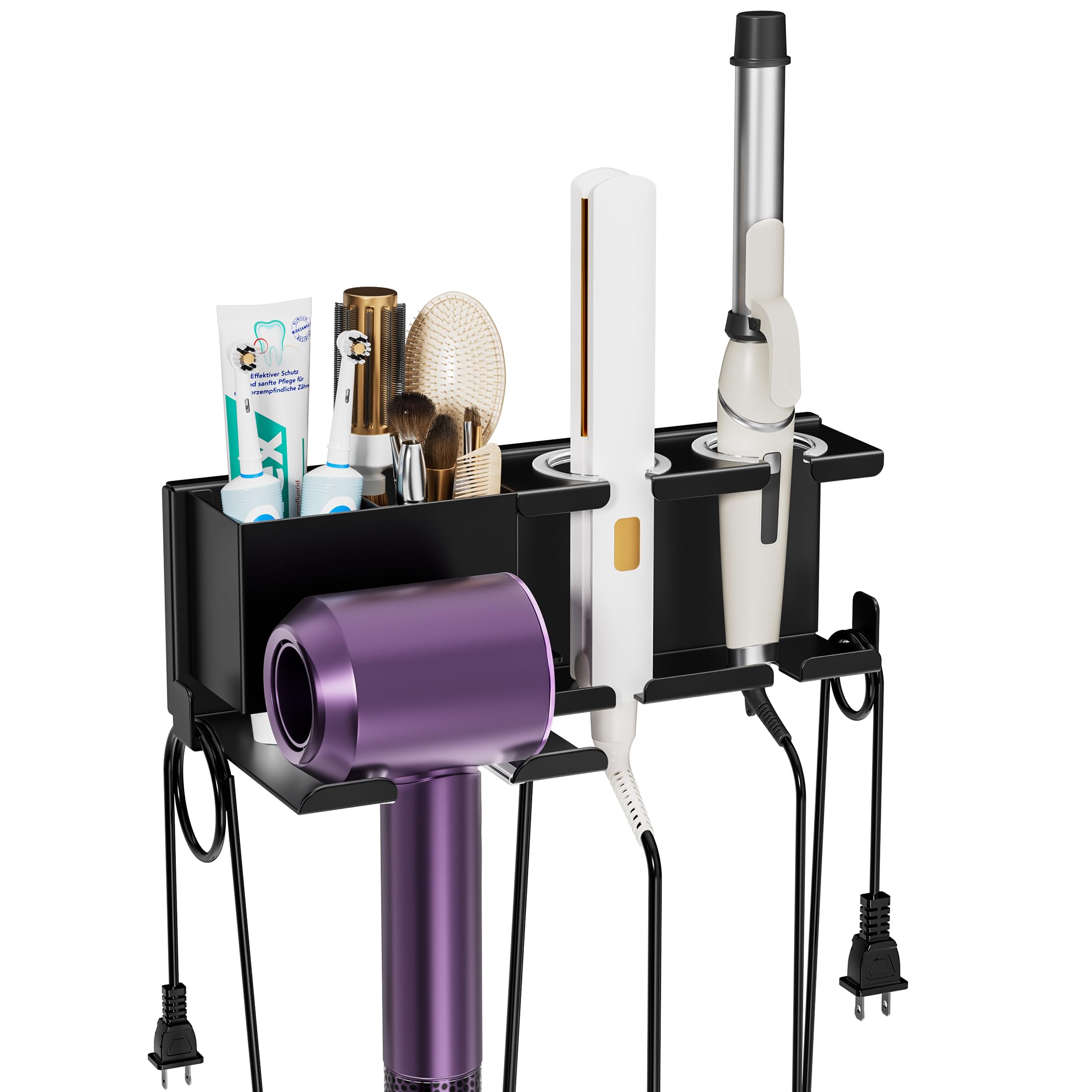 AIRUJIA Wall Mounted Hair Dryer Holder with Storage Basket & Plug Hook