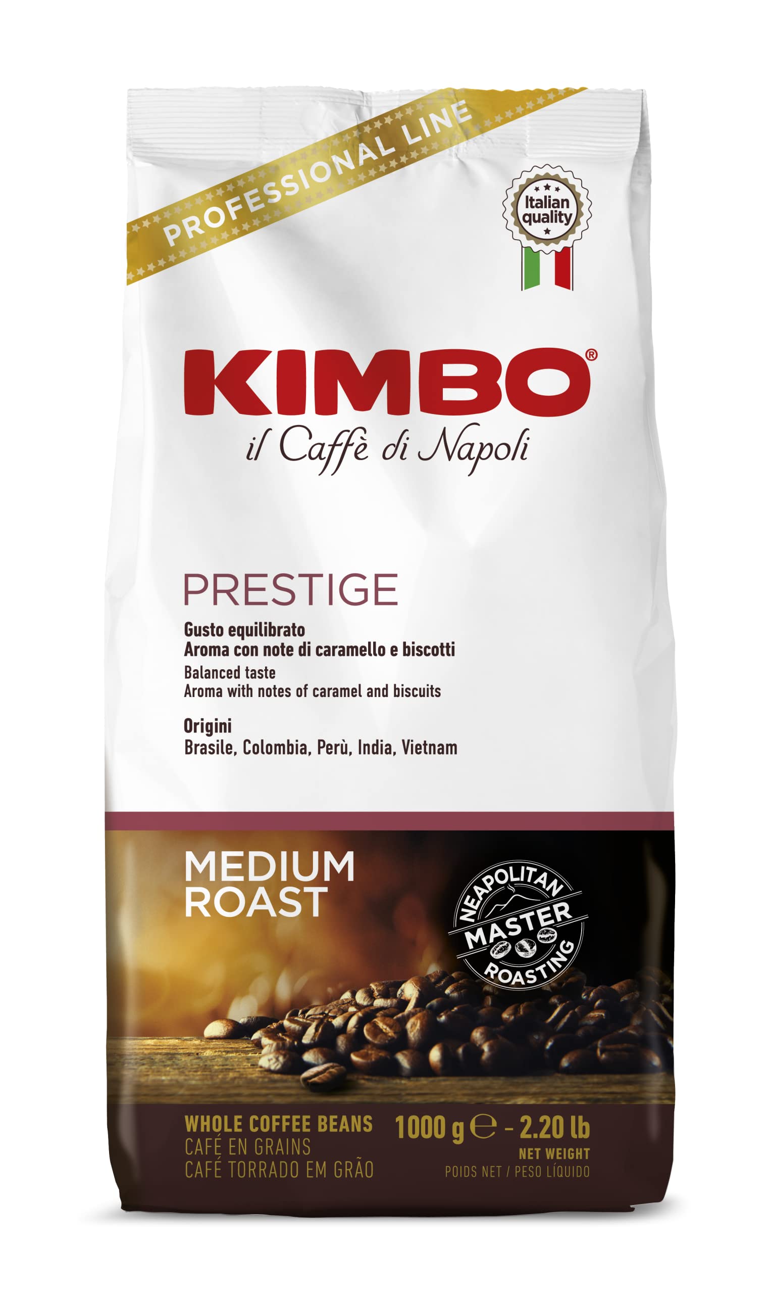 Kimbo Prestige Whole Bean Coffee - 80/20 Arabica Robusta Blend - 1kg