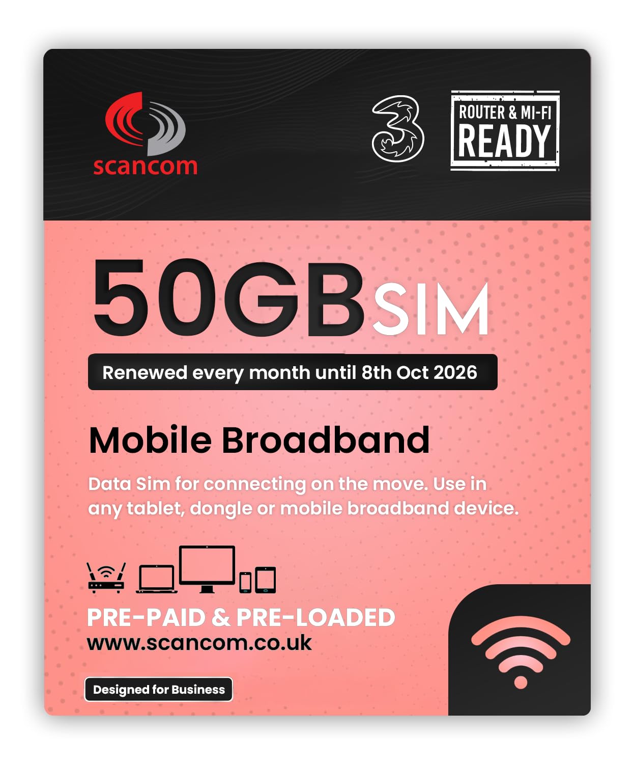 Three 50GB 5G Data SIM – Preloaded Monthly Until 2026 – Jolof Store