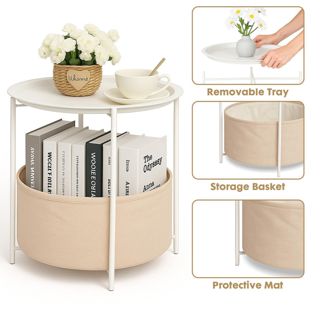 Rinkgarden Round Side Table with Fabric Basket, Modern and Sturdy, Metal End Table for Living Room, Bedroom, Bedside Table, Nursery - image 3