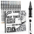 Aurobliss 12pc Grey Tones Acrylic Paint Pens – Brush Tip Markers