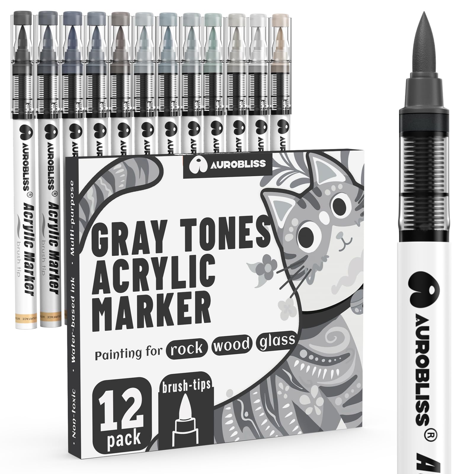 Aurobliss 12pc Grey Tones Acrylic Paint Pens – Brush Tip Markers