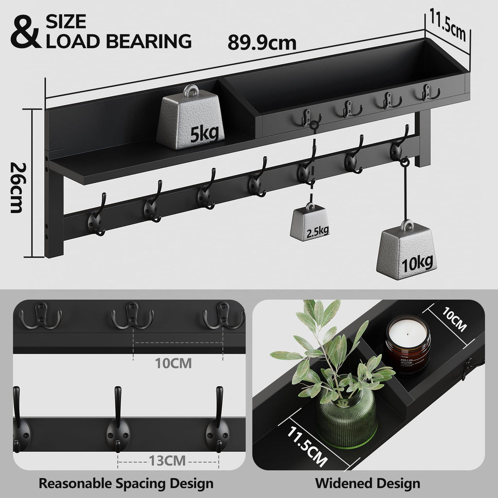 AMBIRD 89cm Wall-Mounted Coat Rack, Large Coat Hanger, Entryway Shelf with 7 Dual Hooks and 4 Key Hooks, Mail Organiser, Wooden Key Holder Black