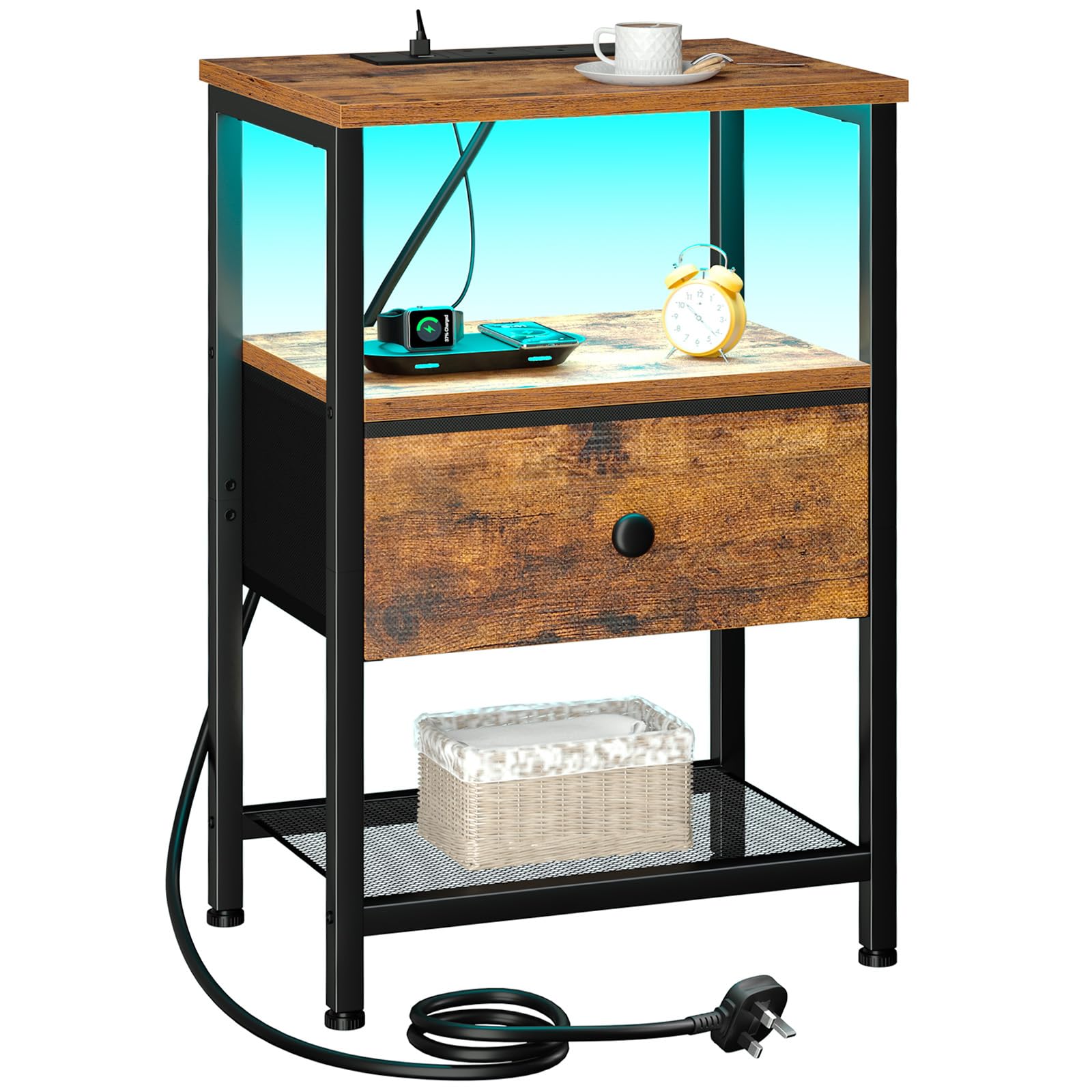 LOAKEKEL Bedside Table with Charging Station and LED Light – Brown