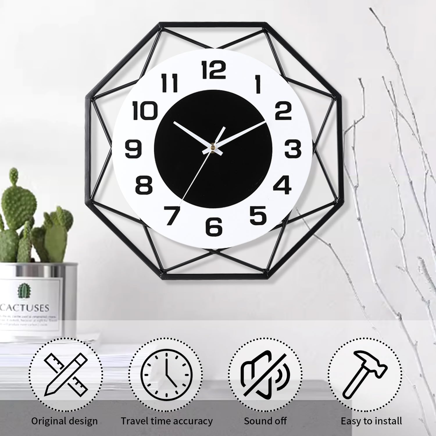 24 Inch Modern Metal Wall Clock – Silent Large Quartz Decor