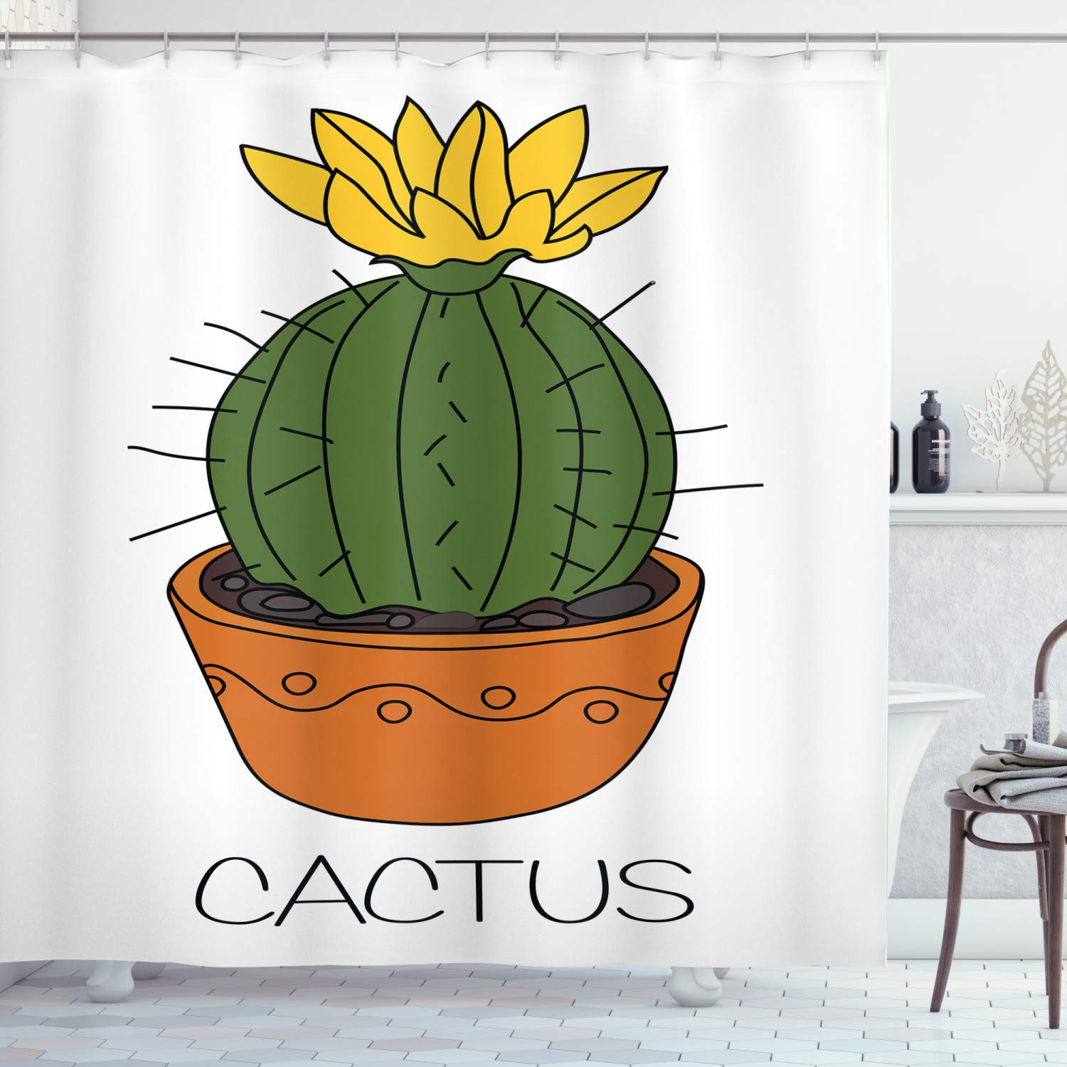 ABAKUHAUS Cactus Shower Curtain – Tropical Plant Fabric Decor with Hooks