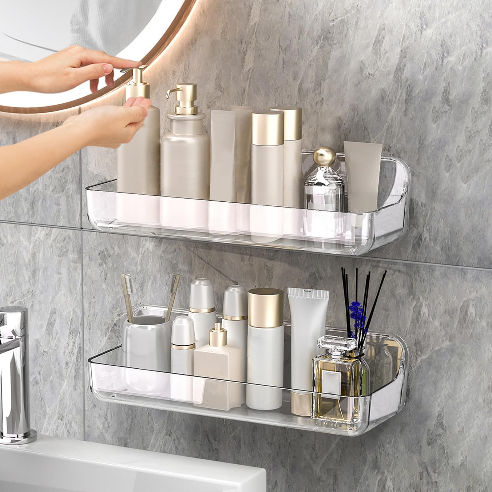CGBE 2-Pack Acrylic Shower Shelves – No-Drilling Adhesive Bathroom Caddy