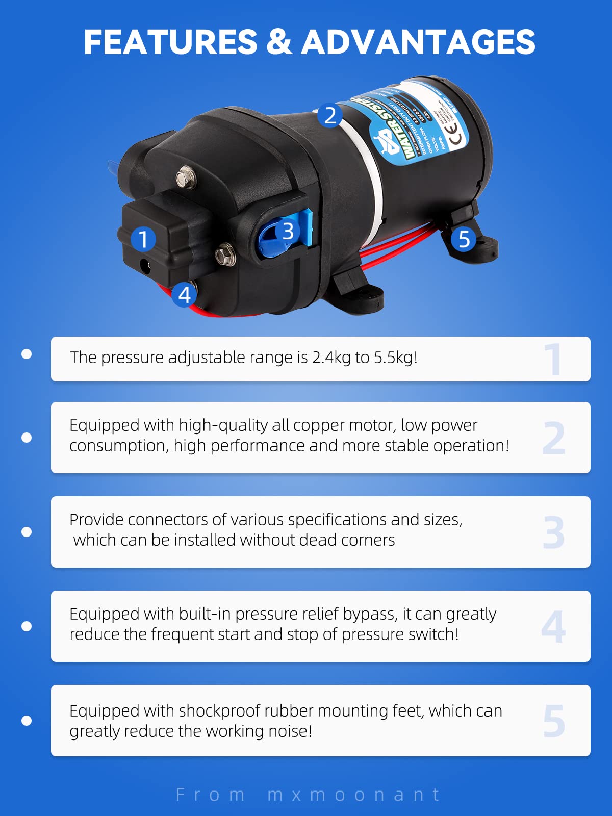 Mxmoonant 12V DC Water Pump | 12.5LPM Self-Priming Booster for RV & Boat