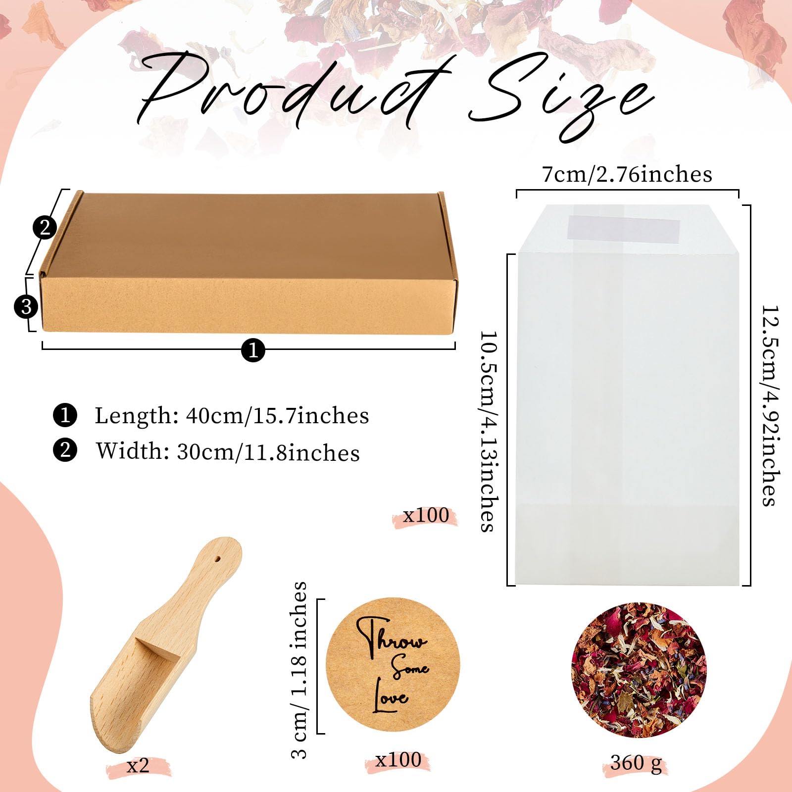 Tenare Wedding Confetti Kit | 100 Sets Dried Rose Petals & Glassine Bags