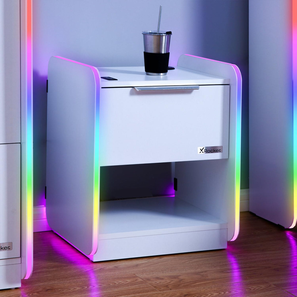 X-Rocker Electra 45cm x 40cm, RGB LED Bedside Table & Drawer - Neo Motion™ Sync App Controlled LED Lights, Wireless Charging, 1 Drawer, Storage Shelf - image 1