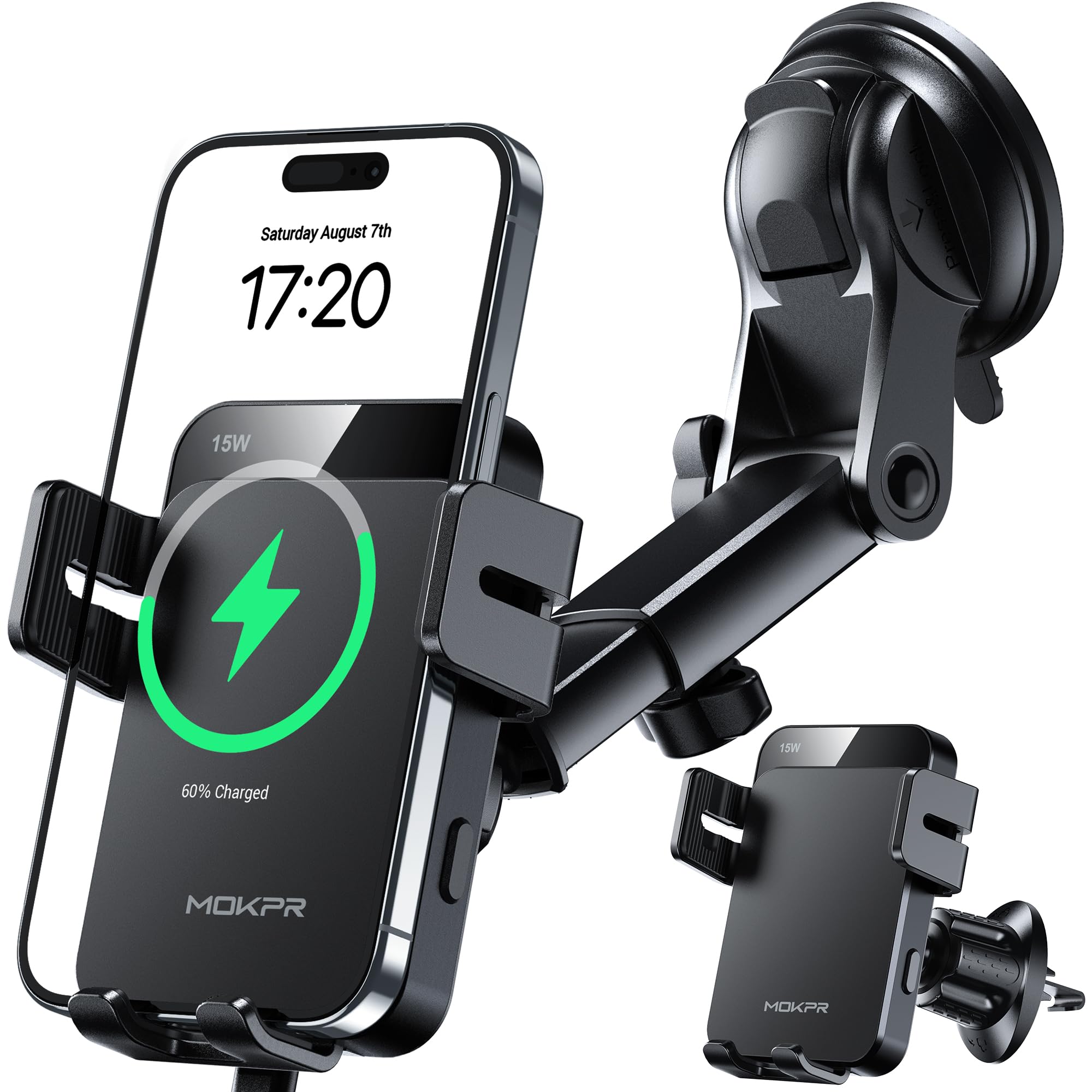 MOKPR 15W Wireless Car Charger – Auto Clamping Phone Holder for iPhone