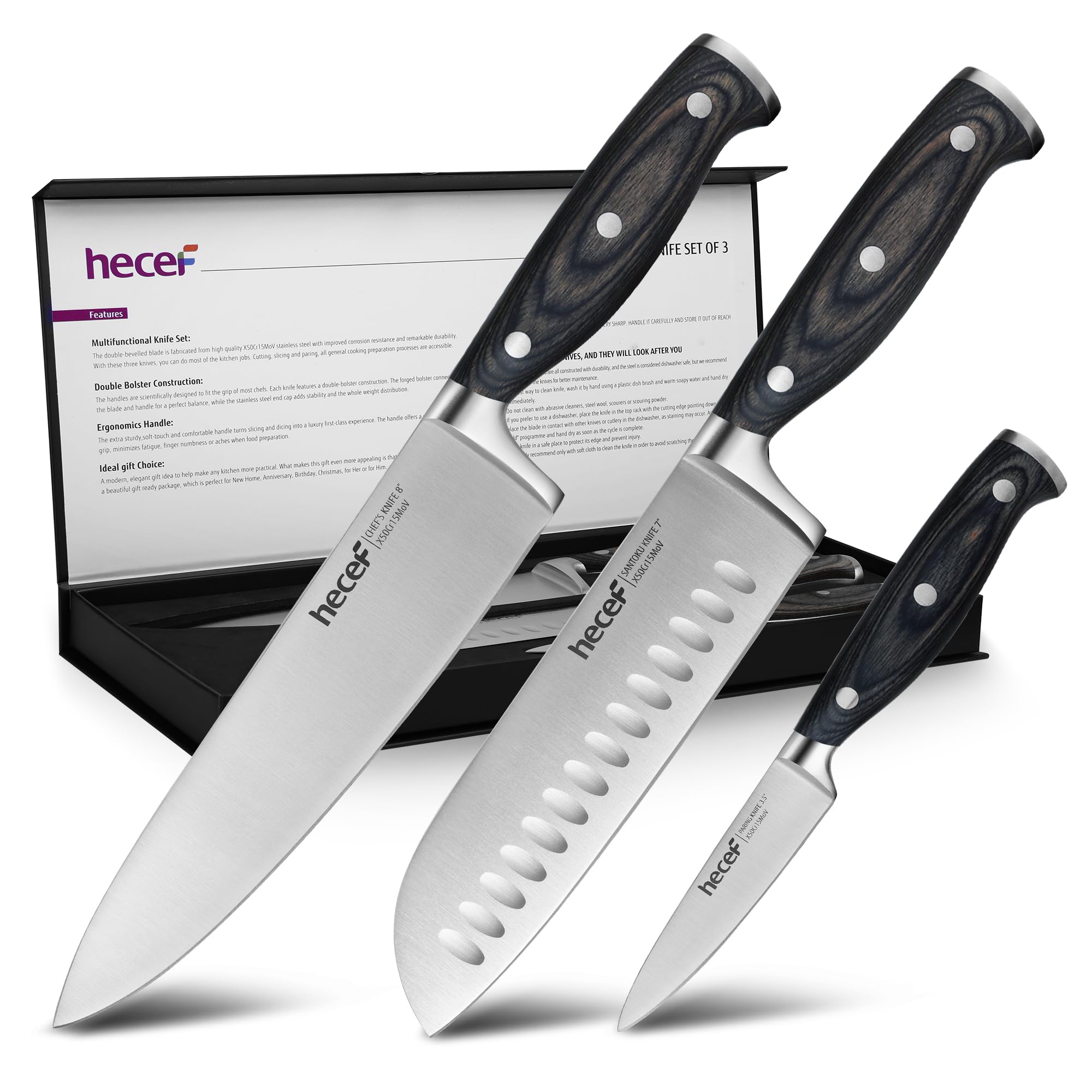hecef 3-Piece Professional Chef Knife Set | High Carbon Stainless Steel