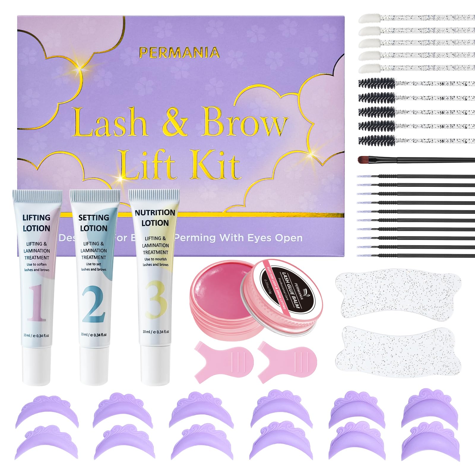 PERMANIA Lash Lift Kit – DIY Eyelash Perming Set with Open-Eye Pads