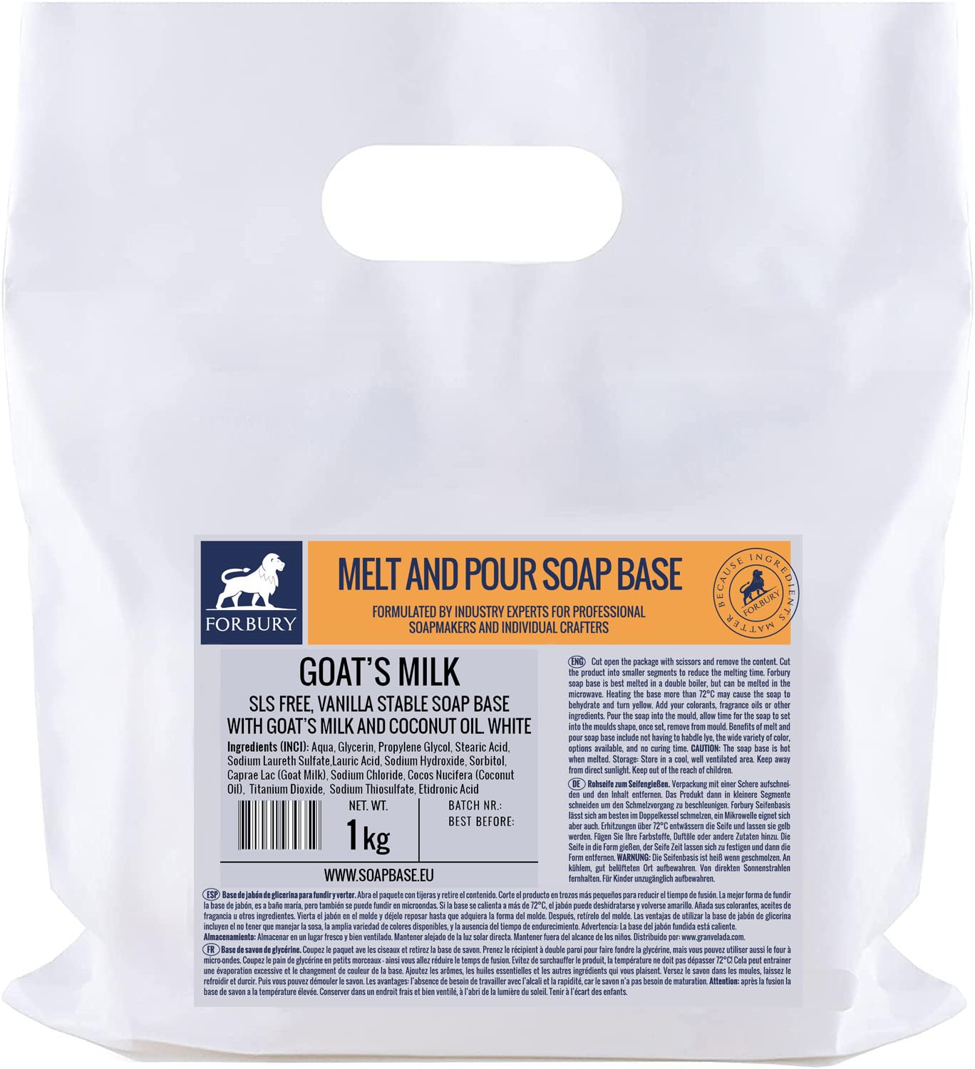 Forbury Goat Milk Soap Base – 1kg Melt and Pour Raw Soap for DIY