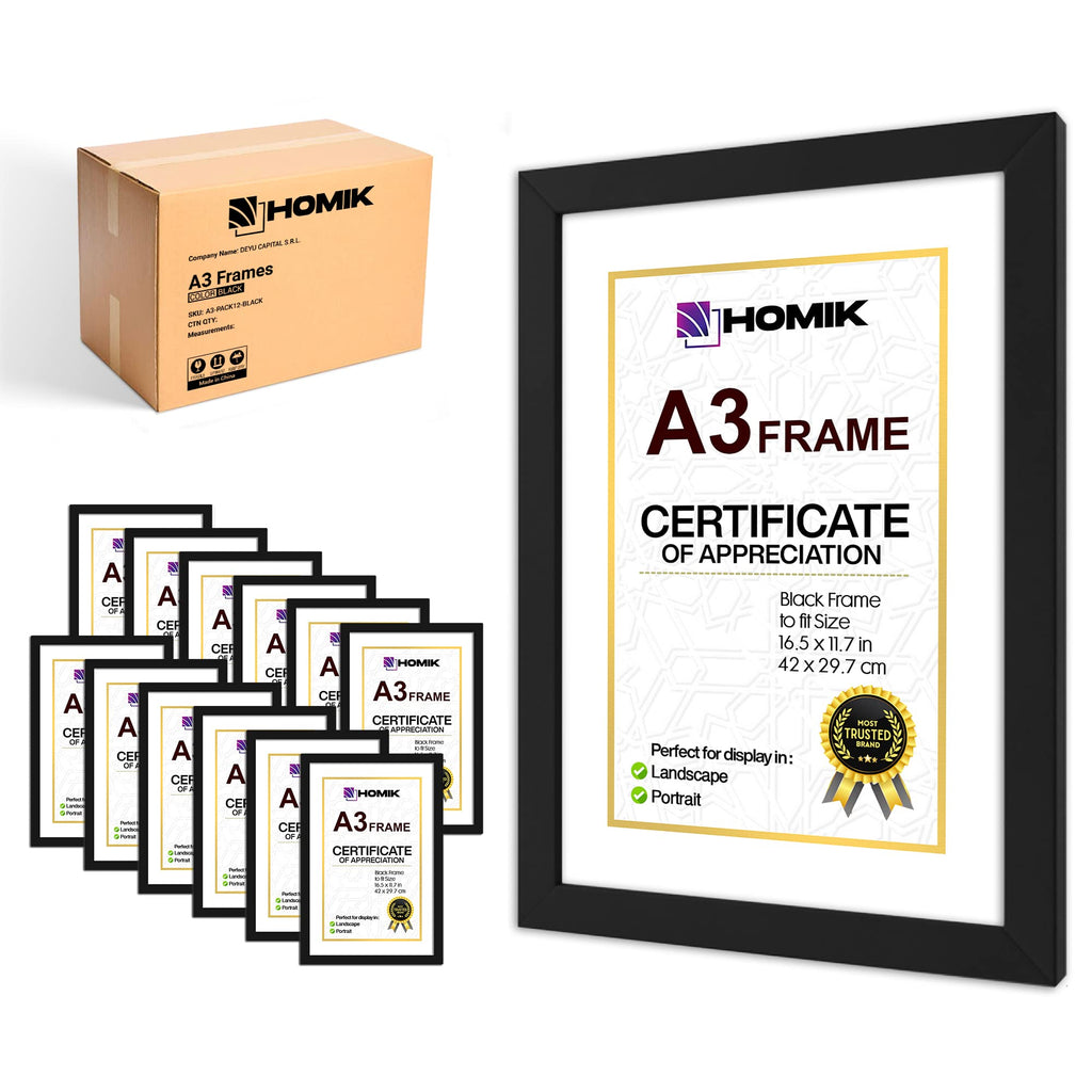 HOMIK A3 Photo Frames Pack of 12 – Black MDF Wall Hanging Picture Frames