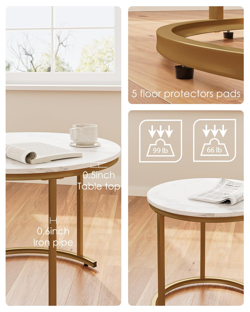 HEYZOEY Round Coffee Tables, Removable Set of 2 End Table, Nesting Table, Side Table with Gold Metal Frame Legs and Marble White Top for Living Room - image 5