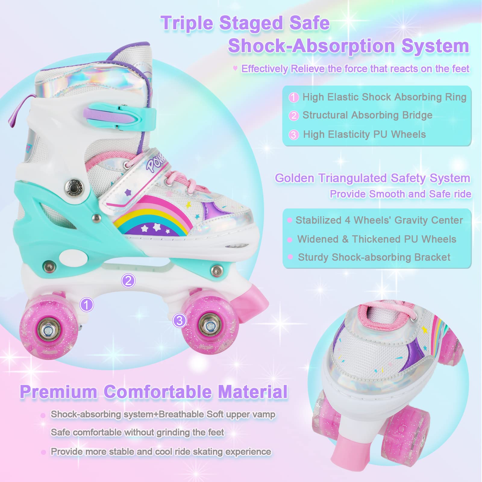 Jolof Store Kids Roller Skates – Adjustable Rainbow Light Up Skates for Girls