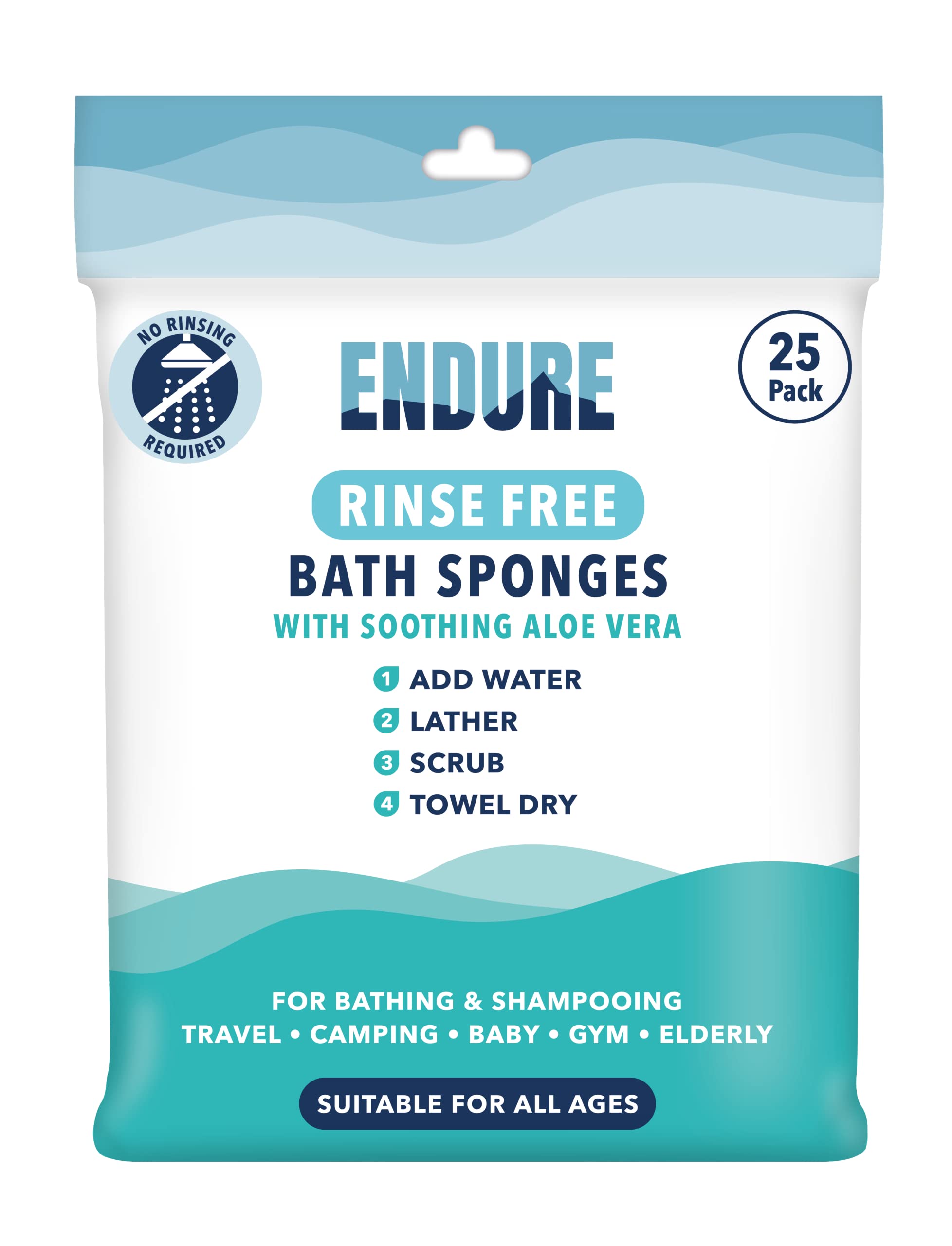 Endure Rinse Free Bath Shower Sponge | Body Wash Wipes (25 Pack)