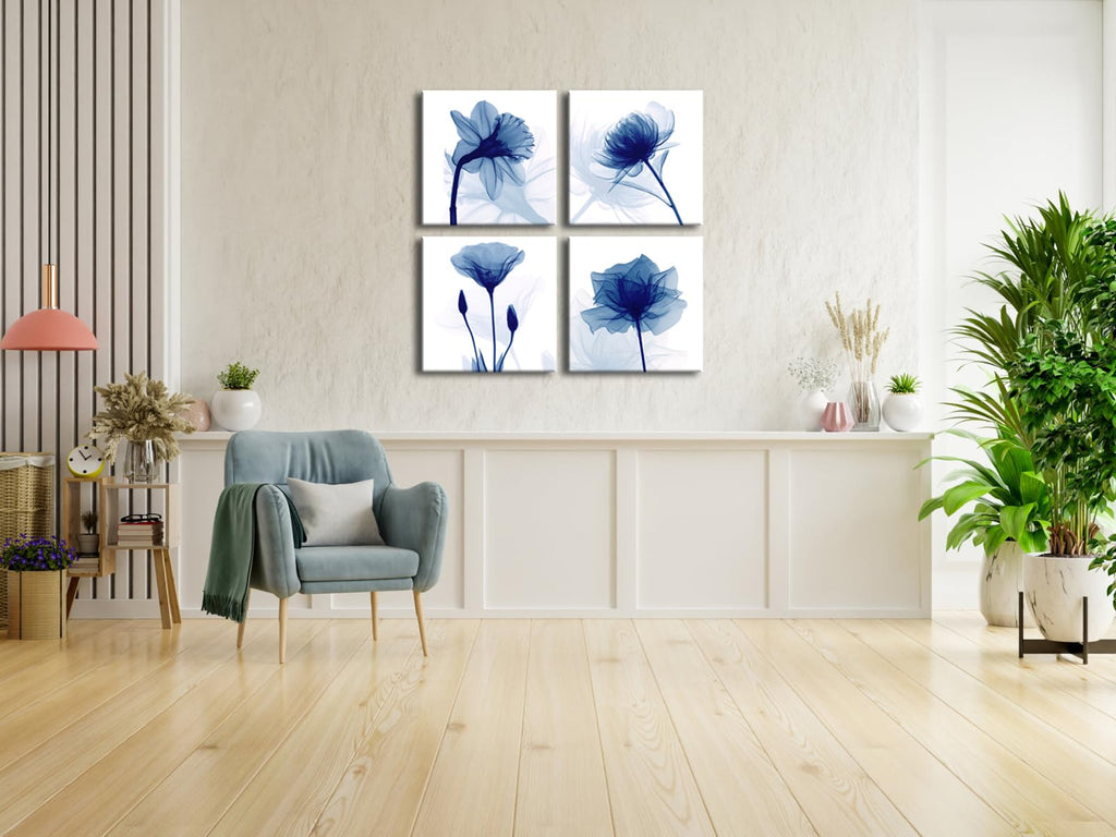 Blue Floral Canvas Wall Art – 4 Panel Abstract Flower Prints