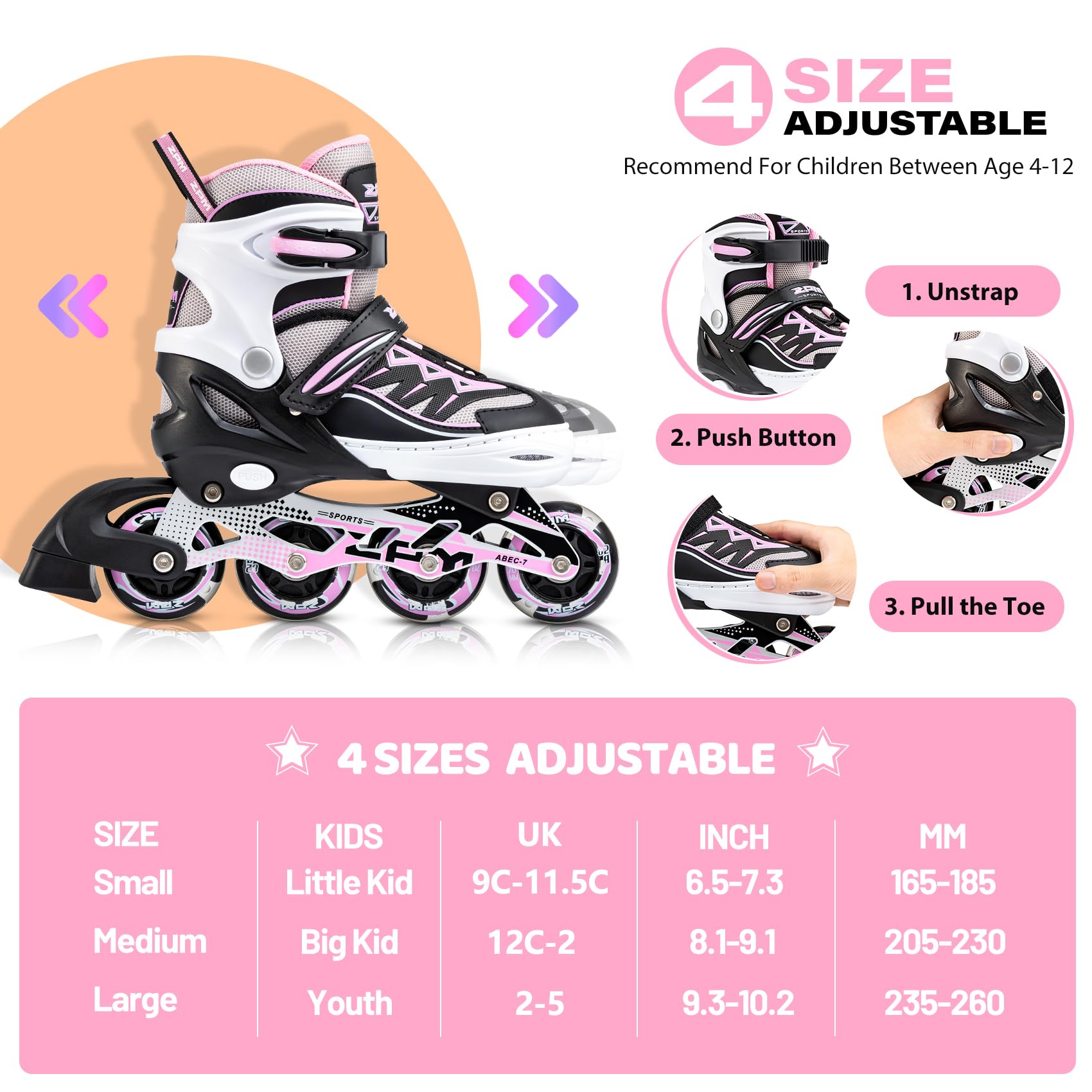2pm Sports Light up Inline Skates - Adjustable Kids Roller Skates, Pink