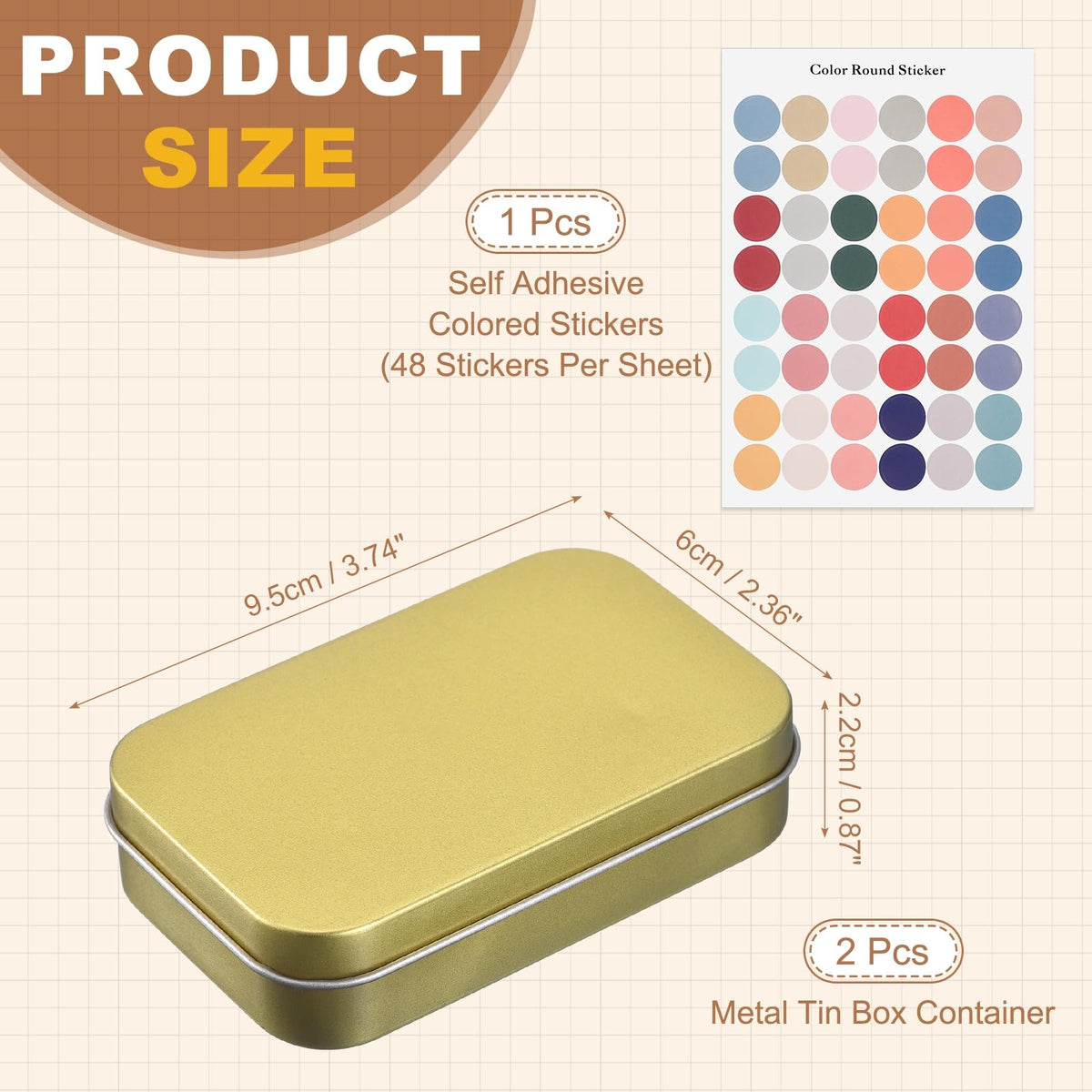 sourcing map 2Pcs Metal Tin Box Container, 3.7x2.4x0.9 Rectangular Empty Box with Self Adhesive Colored Stickers - image 2