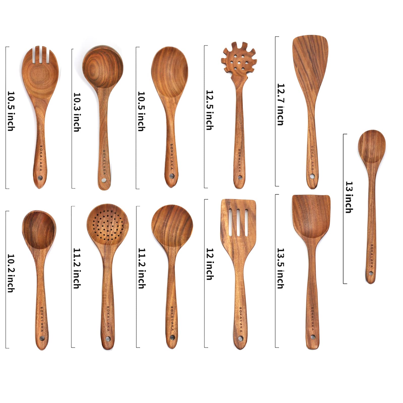 BOKALAKA 11 Pcs Natural Teak Wooden Kitchen Utensils Set for Nonstick Pans