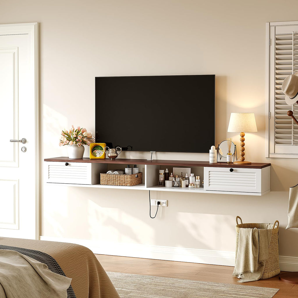 FloatiCasa 120cm Walnut & White Floating TV Unit, 2 Doors & 2 Open Cabinets - image 1