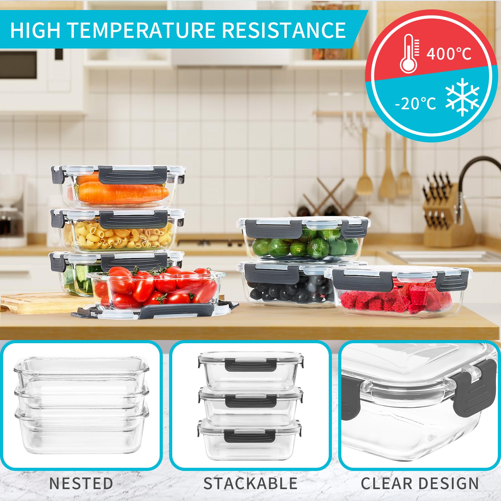 Skroam 10-Pack Glass Meal Prep Containers – 22oz Airtight Food Storage
