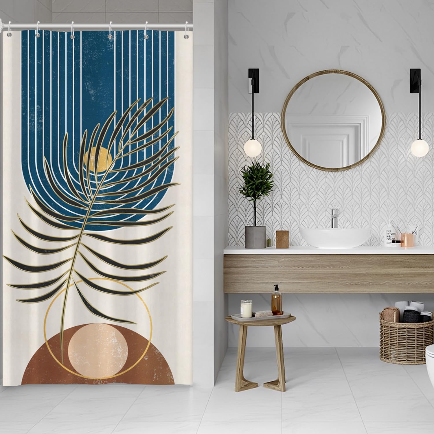 Jolof Store Boho Shower Curtain – Abstract Gold Leaves Sun Polyester