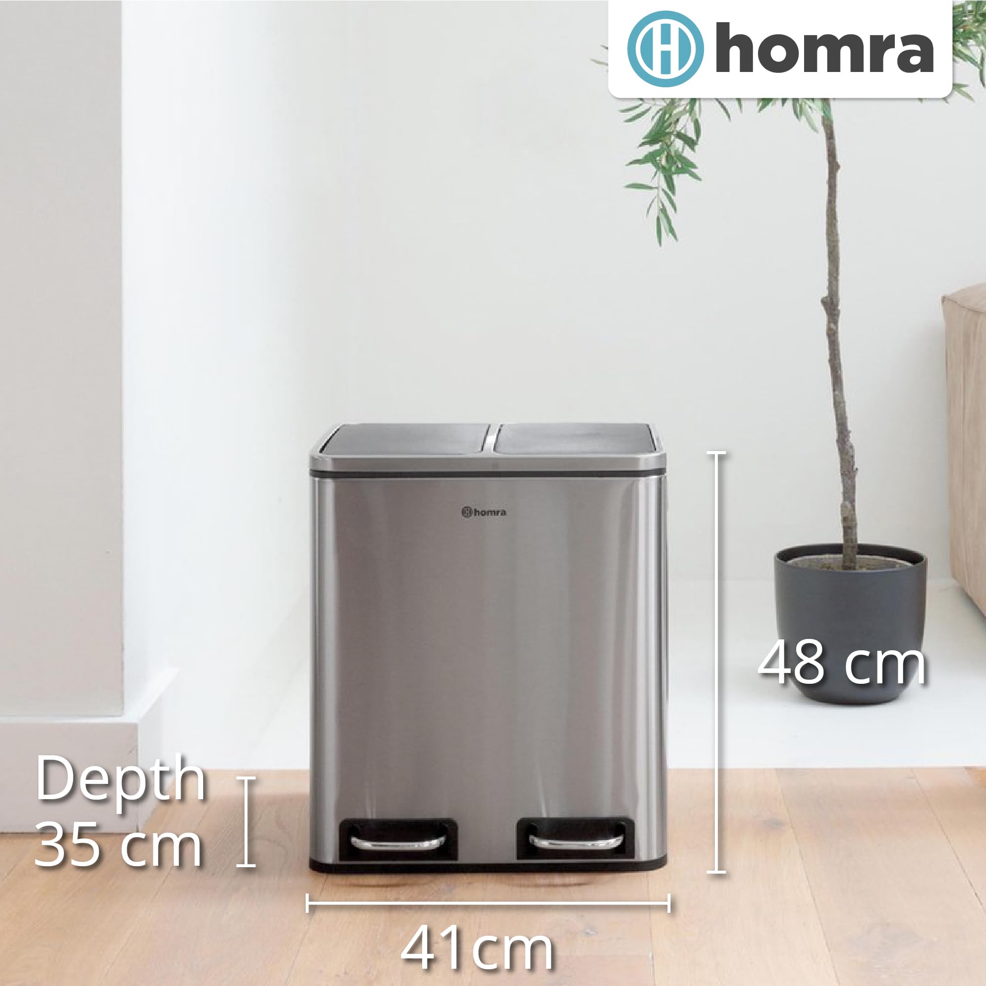 Homra Dual Kitchen Bin 30L – Stainless Steel 2 Compartment Pedal Bin