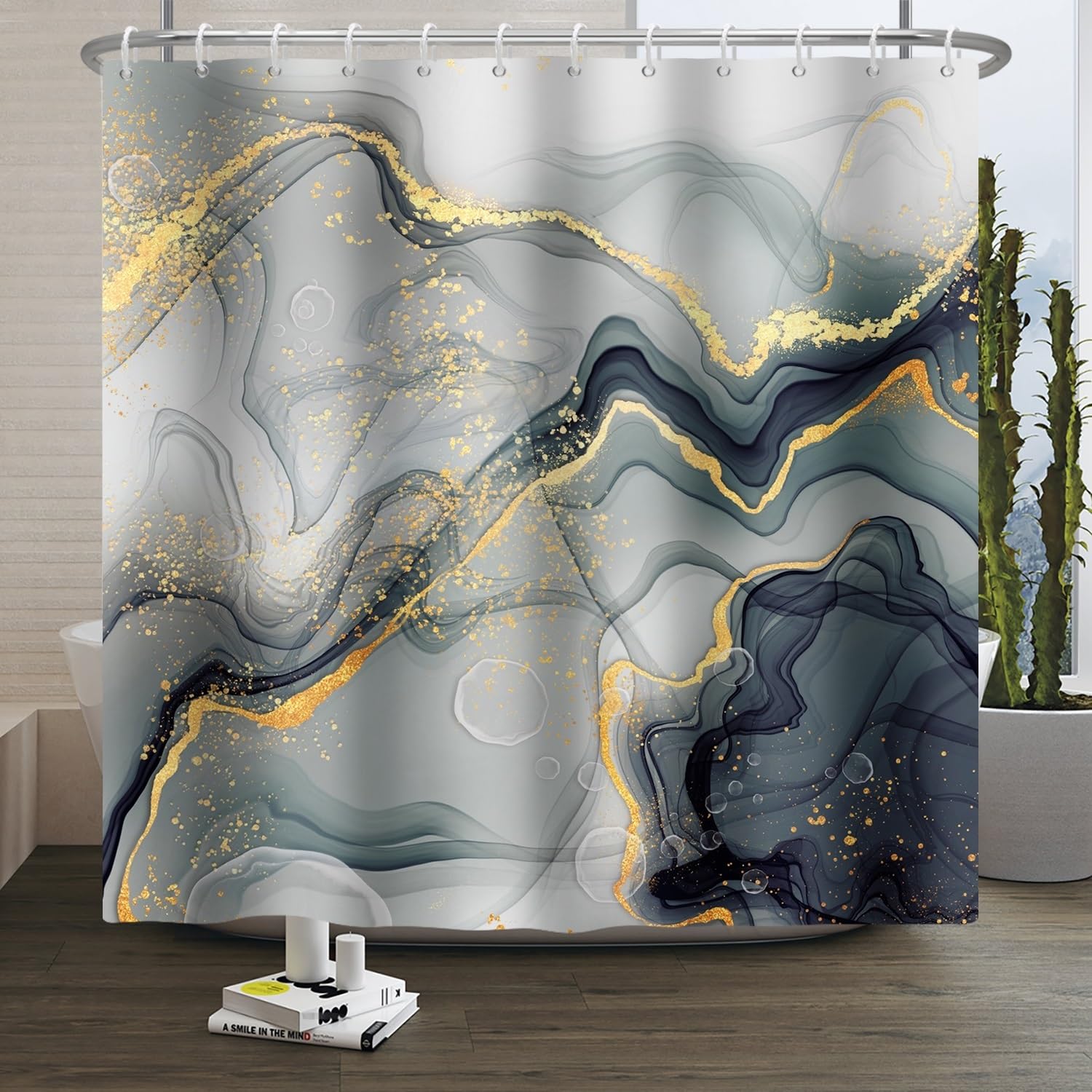 Xiaoterna Marble Shower Curtain – Waterproof Polyester Bathroom Decor, 180x180cm