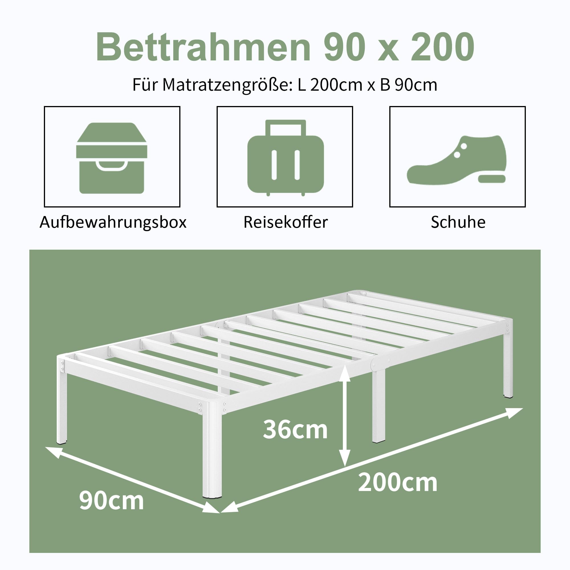Lutown-Teen Metal Bed Frame 90x200cm | Heavy Duty Single Bed, White