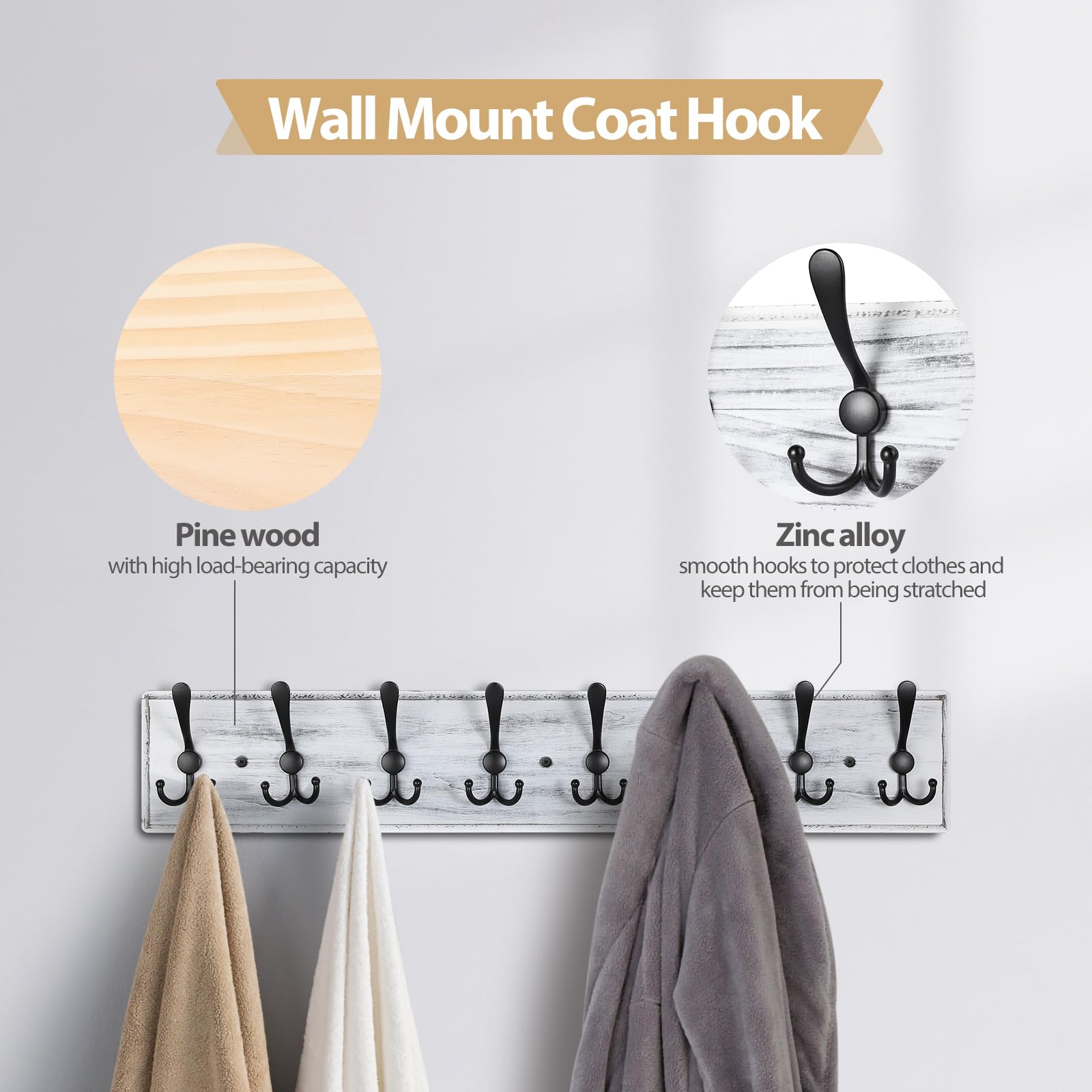 PHINGEER Wall Mounted Coat Rack | 8 Triple Hooks Heavy Duty Pine Wood