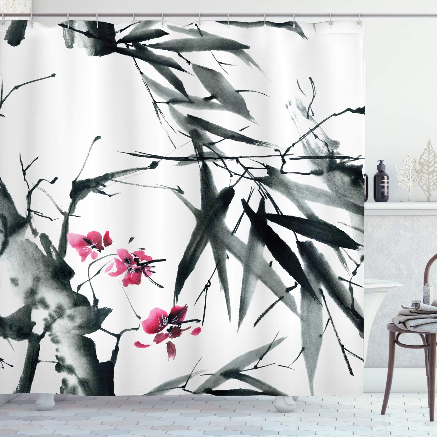 ABAKUHAUS Japanese Bamboo & Cherry Blossom Fabric Shower Curtain Set