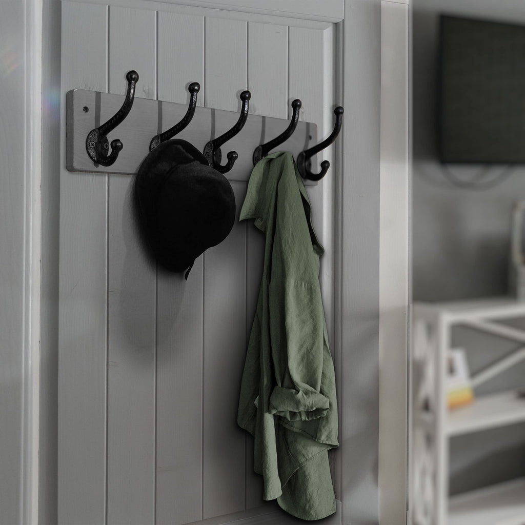 WEBI Rustic Wall Mounted Coat Rack – 5 Cast Iron Hooks, Solid Wood, 2 Pack