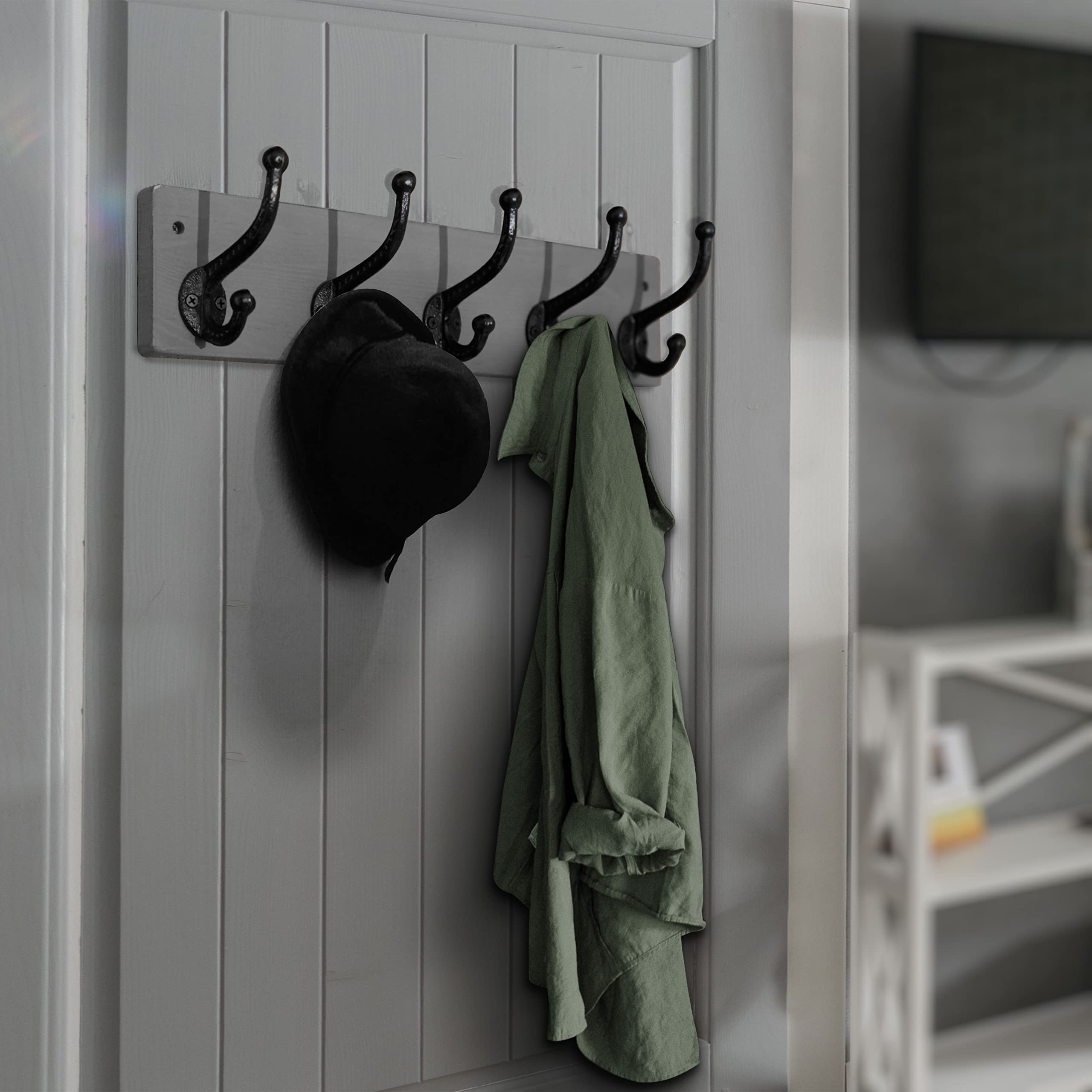 WEBI Rustic Wall Mounted Coat Rack – 5 Cast Iron Hooks, Solid Wood, 2 Pack