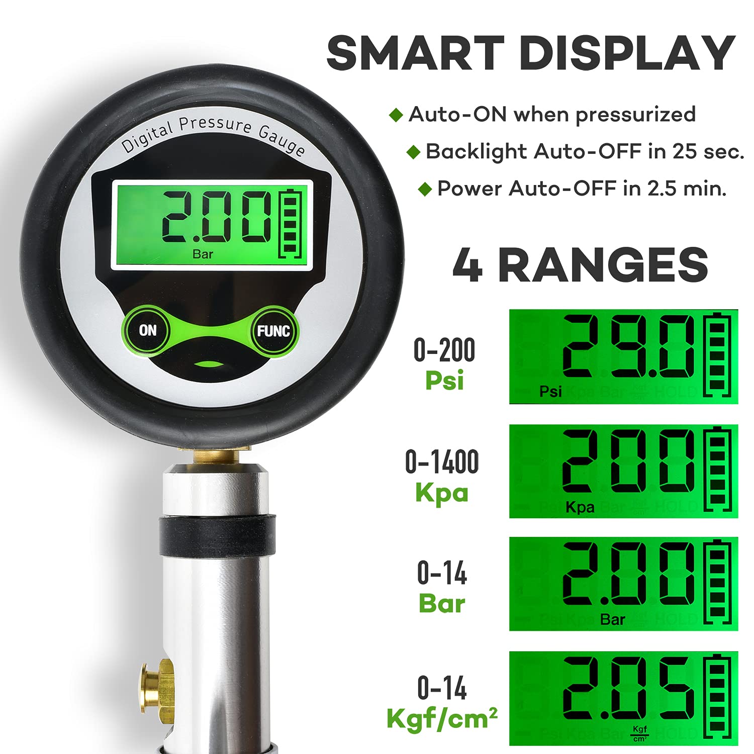 CycloSpirit Digital Tire Inflator Gauge for Presta and Schrader Valves