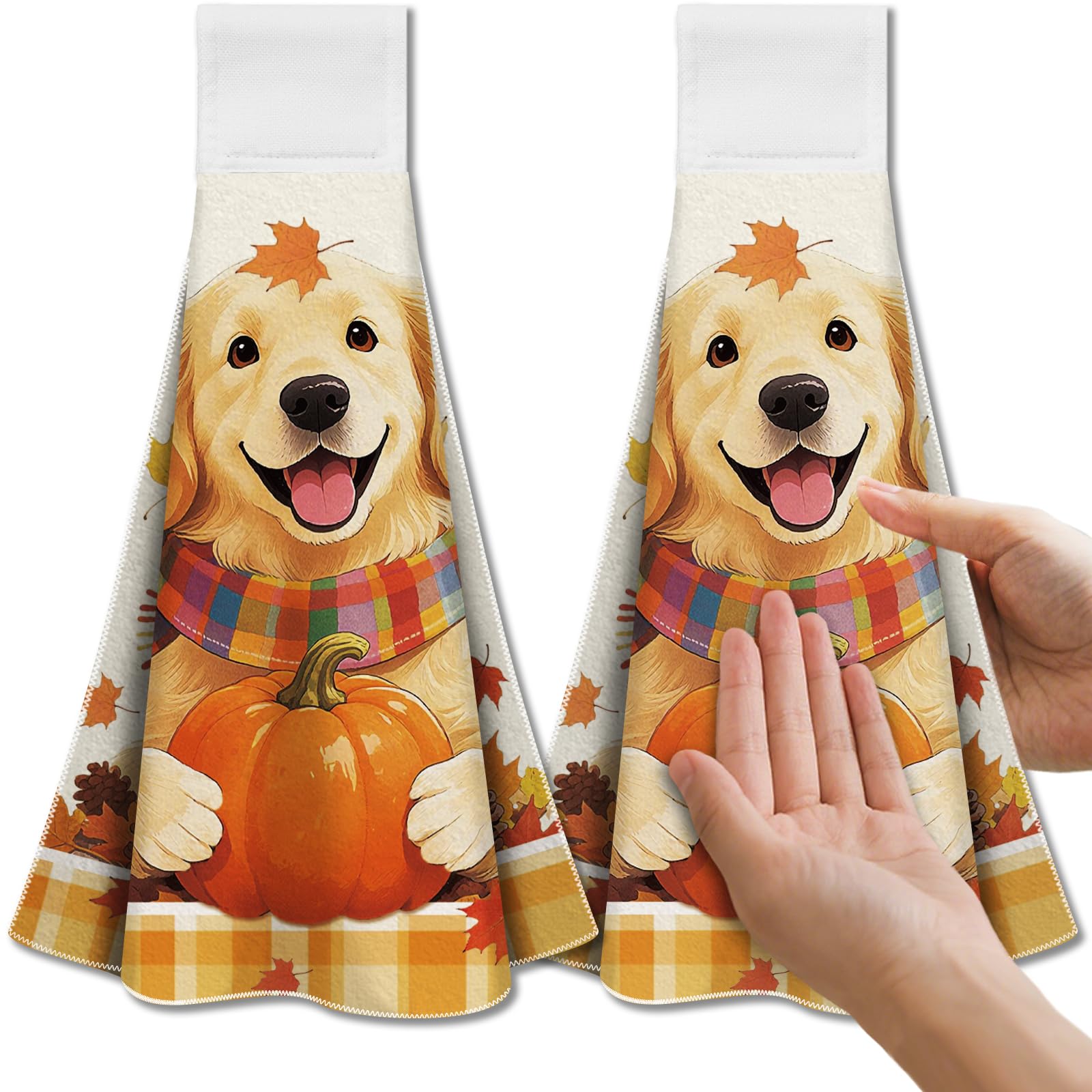 CUTHOLLOW Golden Retriever Pumpkin Hanging Kitchen Towels, Set of 2