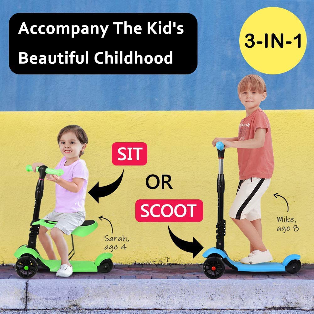 YOLEO 3-in-1 Kids Kick Scooter with Removable Seat and LED Wheels