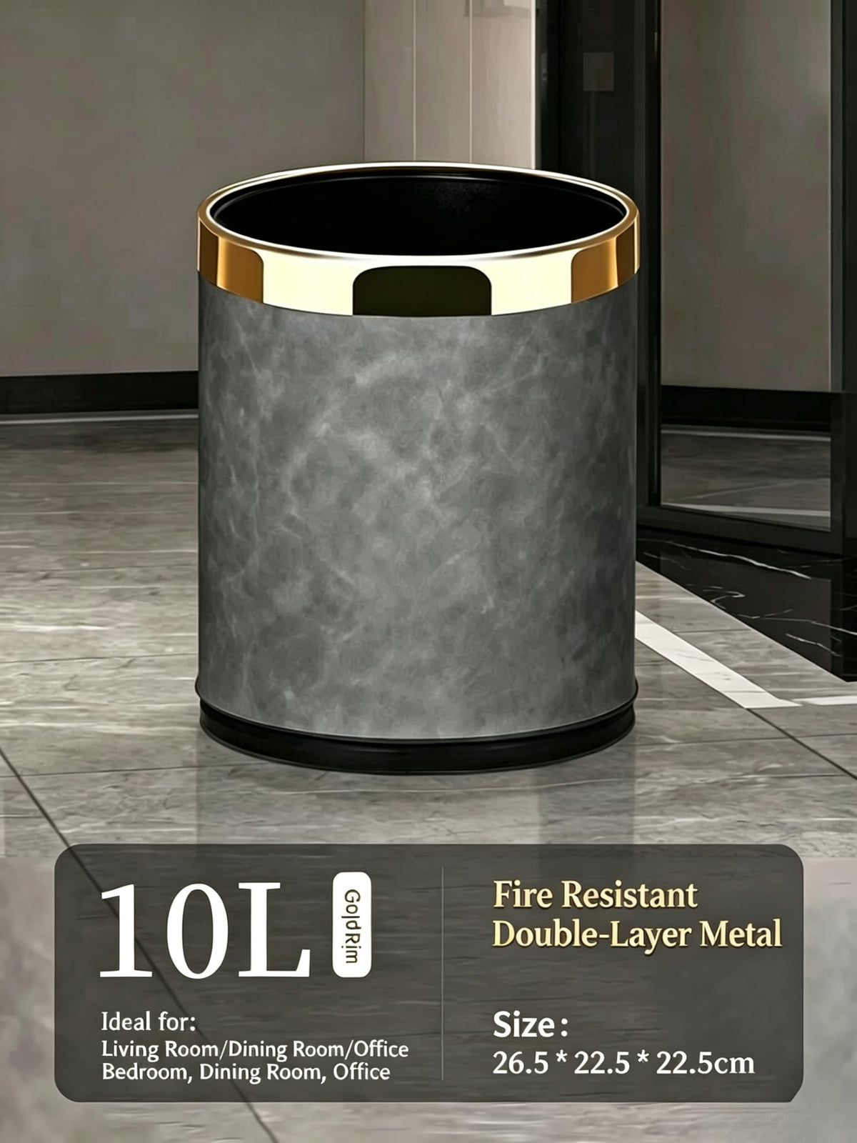 SXYLOB Luxury Metal Waste Bin 10L, Double Layer Trash Can PU Leather Covered Round Wastebasket Dust Bins for Kitchen Bathroom Hotel Office Grey Hui